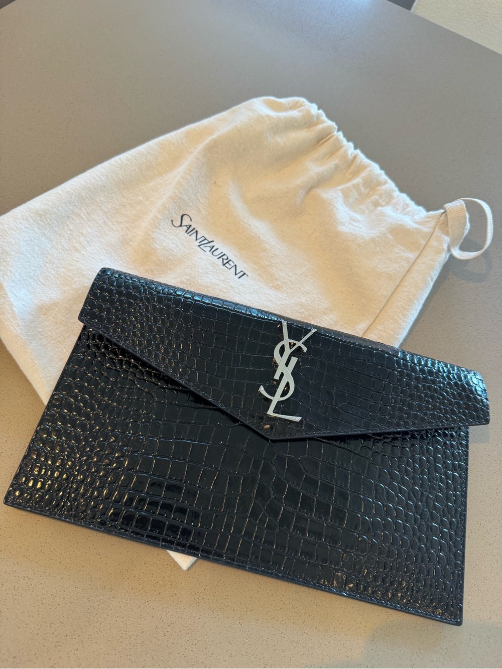 Saint Laurent Black Croc-Embossed Envelope Clutch with Silver YSL - Picture 1 of 2